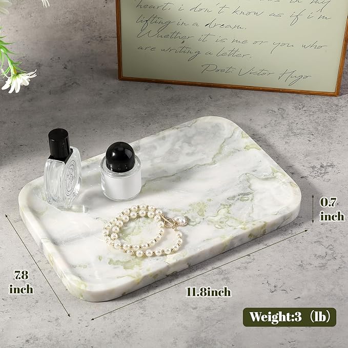 Luxury Marble Vanity Tray, Bathroom Tray Countertop, Bianco Marble/Stone, Home Decorative Dresser Organizer, Storage for Kitchen Sink, Perfume Jewelry Holder(Green&White)