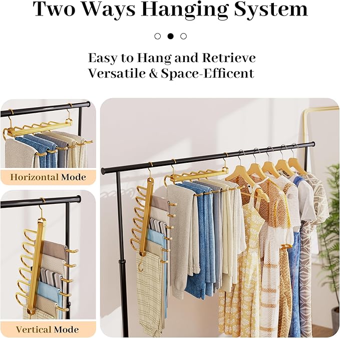 Pants Hangers,2 Pack Golden Metal Alloy Hangers Closet Organizer,Sturdy Space-Saving Clothes Pants Hangers, Closet Organizers for Pants Jeans Skirts Scarf Legging