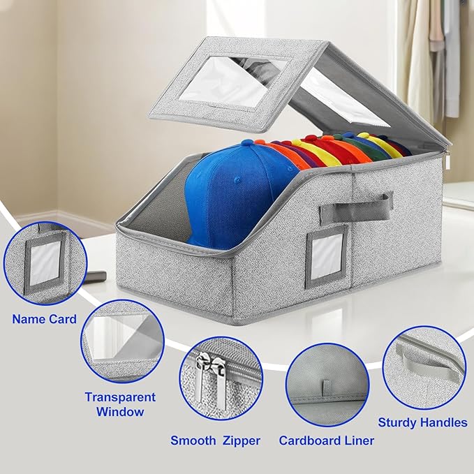 Hat Organizer for Baseball Caps,2PCS Stackable Hat Storage Box with Clear Window Lid, Space-Saving Box for Closet
