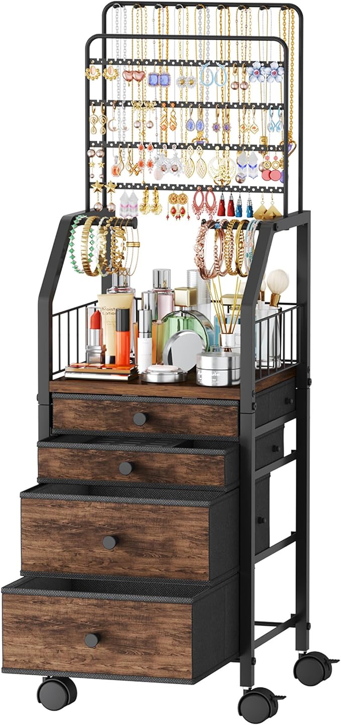 SWTYMIKI Large Jewelry Organizer Stand - Multifunctional Rack Tower for Necklace, Earring, Ring & Bracelet Display - Moveable Storage Jewelry Holder Stand with 4 Nonwoven Drawers for Bedroom Espresso