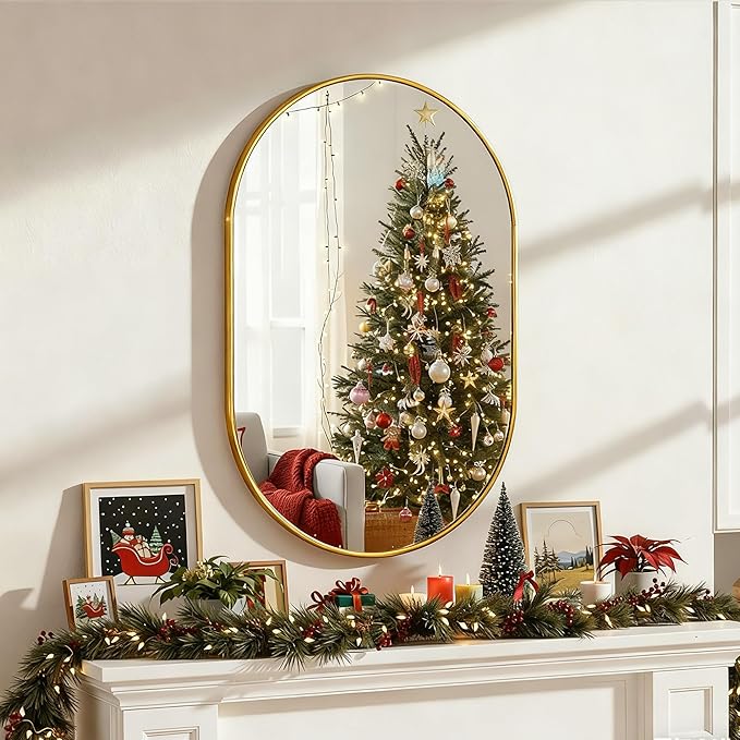 Oval Bathroom Mirror for Wall, 24"x36" Bathroom Vanity Mirror for Over Sink, Bedroom, Living Room, Entryway, Metal Frame with HD Shatterproof Glass, Wall Mounted Horizontally or Vertically (Gold)
