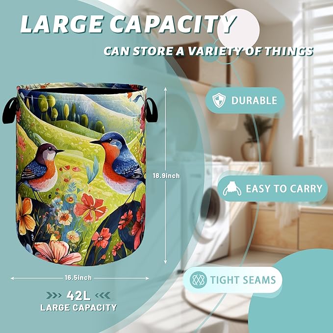 Birds With Flowers Laundry Hamper Foldable With Handles Bird Tote Bag Universal Oxford Cloth Colorful Laundry Basket Clothes Toy Storage Bucket 18.9"x16.5 "For Bathroom/Laundry/Bedroom
