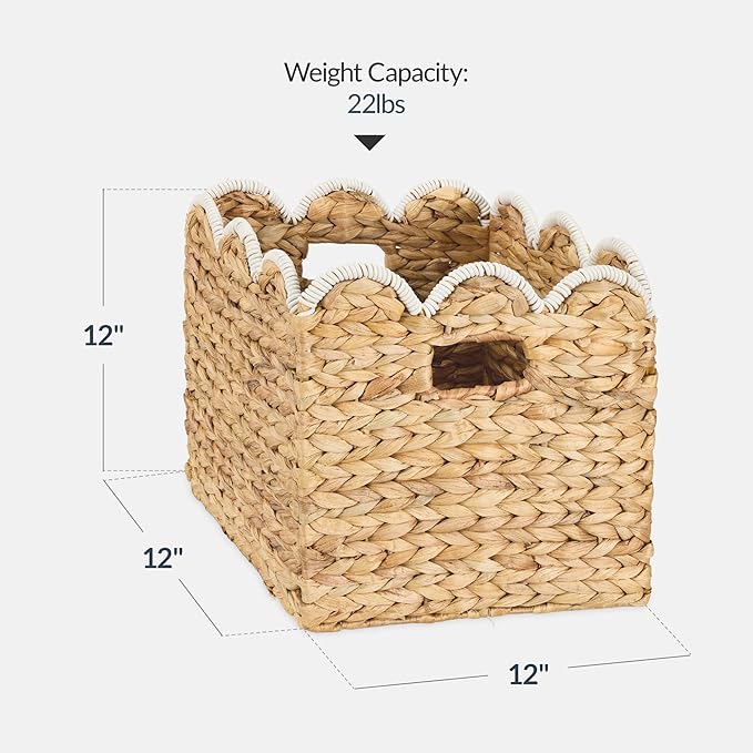 Best Choice Products 12 x 12in Scalloped Hyacinth Baskets, Rustic Set Of 5 Multipurpose Collapsible Storage Organizer, Handwoven Laundry Totes for Bedroom, Living Room, Shelves - Natural w/White Trim