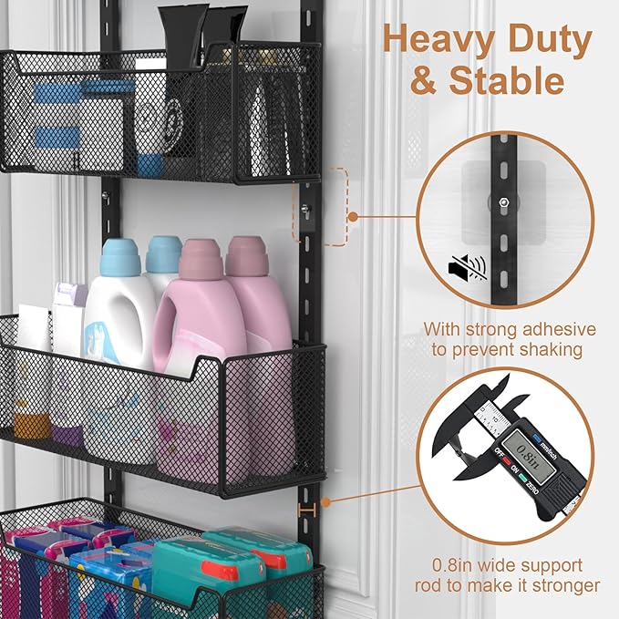 Over The Door Organizer, 8-tier Metal Door Organizer Hanging with Adjustable Baskets, Behind The Door Storage for Bedroom Closet Bathroom Pantry Cabinet Kitchen, Black