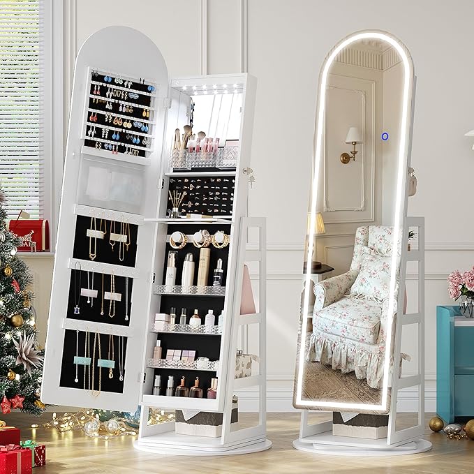 LVSOMT LED Mirror Jewelry Cabinet Standing, Lockable Jewelry Armoire with Arched Full-Length Mirror and Adjustable LED Lights, Space-Saving Jewelry Organizer with Mirror(White)
