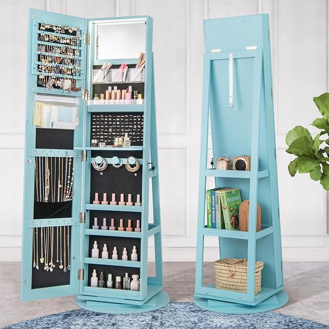 GOFLAME 360° Rotating Jewelry Cabinet with Full-Length Mirror, Freestanding Jewelry Armoire with 3-Color LED Light and Back Storage Shelf, Lockable Jewelry Organizer for Bedroom Cloakroom, Sky Blue