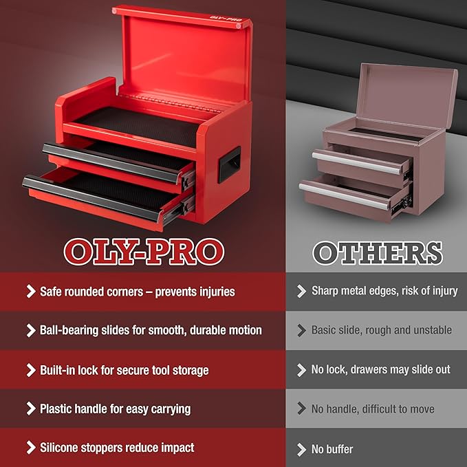 Mini Toolbox with 2 Drawers and Top Storage, Durable Steel Construction with Ball-Bearing Slides, Multi-Purpose Portable Tool Boxes Case Organizer for Garage, Red