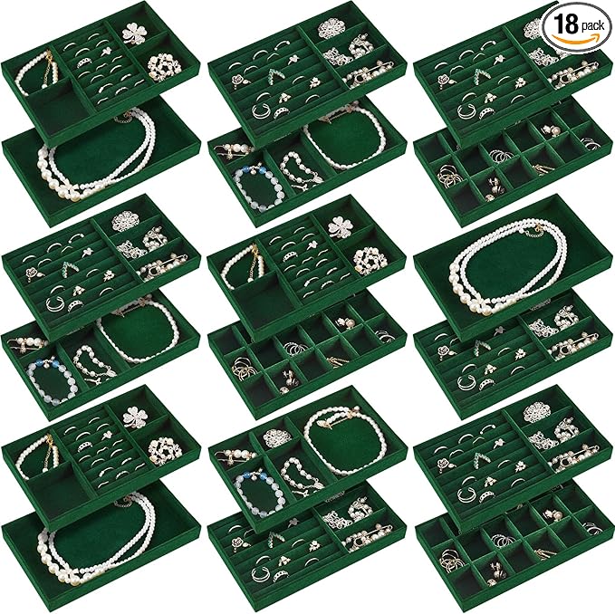 Junkin 18 Pcs Velvet Jewelry Tray Stackable Jewelry Drawer Organizer Jewellery Box Divided Display Tray for Earring Bangle(Dark Green)
