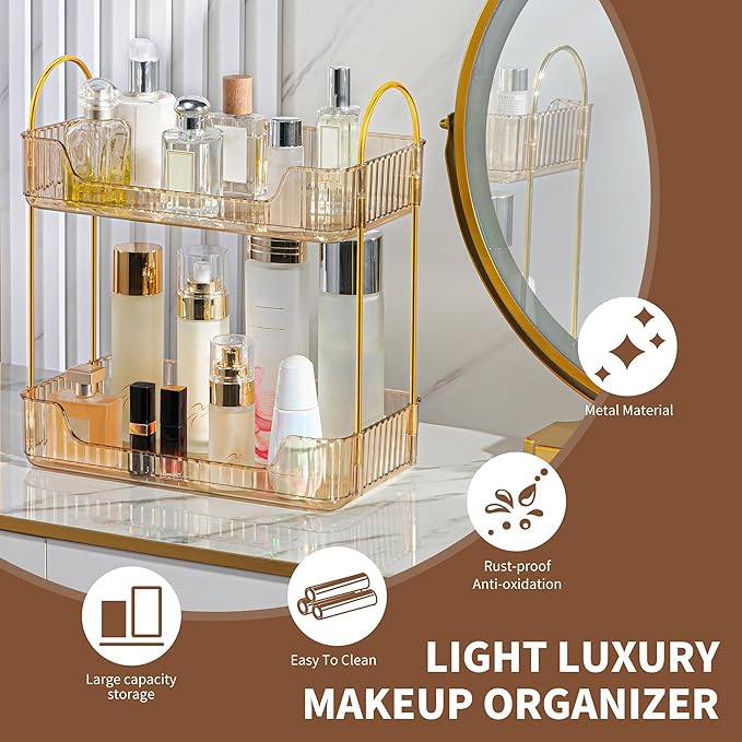 YCIA&DONE Bathroom Organizer Countertop, Makeup Storage, Skincare Cosmetic Tray Shelf, Perfume Holder Rack for Vanity Counter, Large Capacity, Easy to Install, Clean, 2 Tiers, Amber Gold