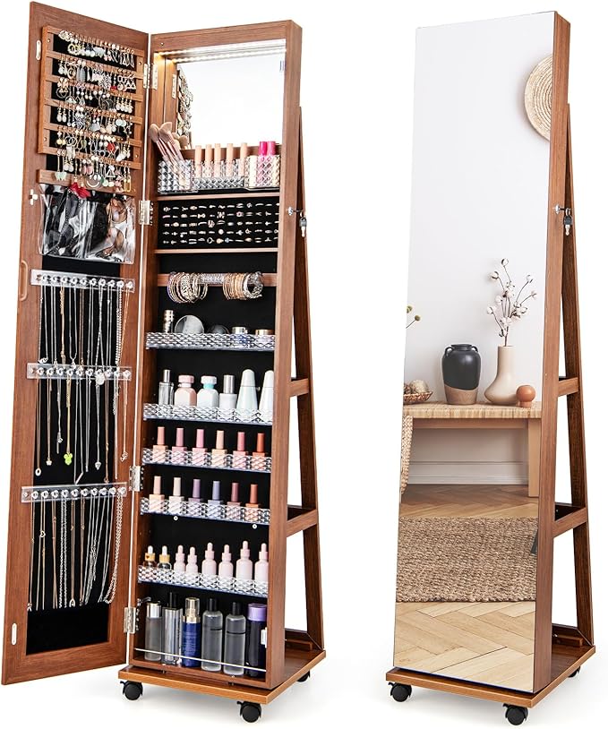 CHARMAID Jewelry Cabinet Armoire with Wheels, 64" H Full Length Mirror, 3-Color LED Lights, Height Adjustable Shelves, Lockable Standing Jewelry Organizer with Back Storage Shelves (Walnut)