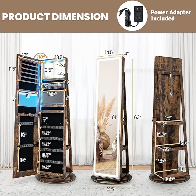 CHARMAID Swivel LED Mirror Jewelry Cabinet Armoire, Full Length Mirror with Storage, 3 Color & Adjustable Lights, Lockable Standing Jewelry Organizer with Lighted Mirror (Rustic Brown)