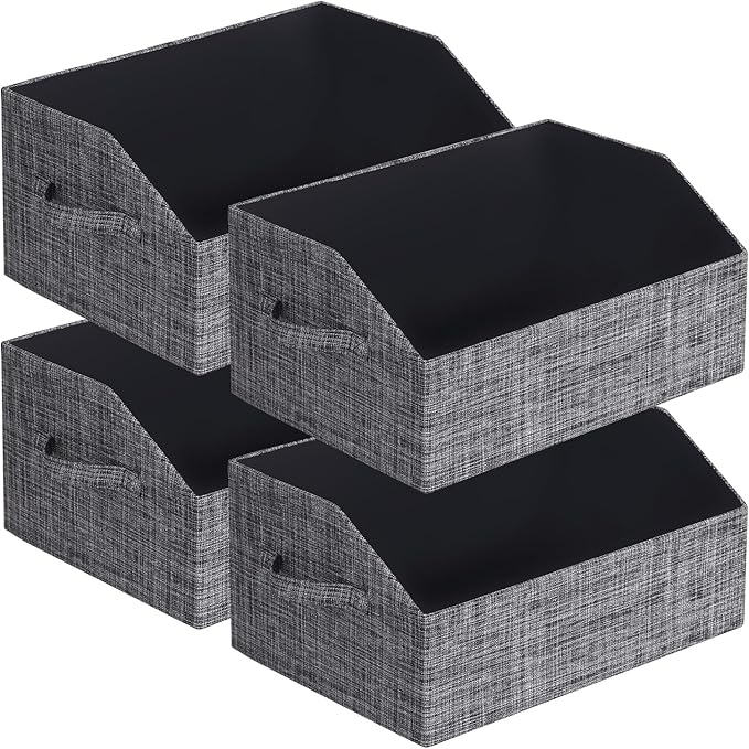 Closet Organizer Bins, Fabric Storage Bins Foldable Storage Box Shelf Baskets Container Trapezoid Storage Bin for Organizing Home Office Shelves Wardrobe RV, 4 Pack, Black