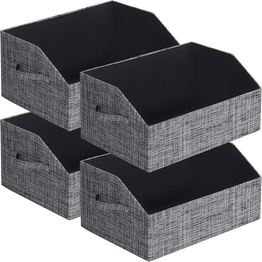 Closet Organizer Bins, Fabric Storage Bins Foldable Storage Box Shelf Baskets Container Trapezoid Storage Bin for Organizing Home Office Shelves Wardrobe RV, 4 Pack, Black