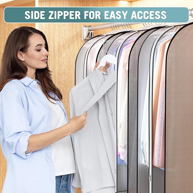 10" Gusseted Garment Bags for Hanging Clothes 50" Suit Bags for Open Closet Storage, Side Clear Clothing Cover for Coat, Dress, Jacket, Shirt, Fur Wardrobe Protector, 3 Packs, Grey