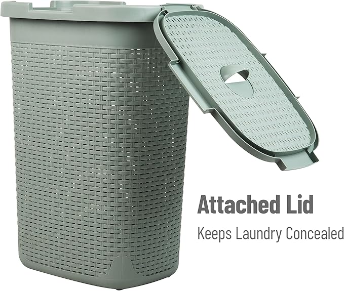 Mind Reader Slim Laundry Hamper with Lid, 60L Clothes Basket, Premium Wicker Design, Plastic, Mint