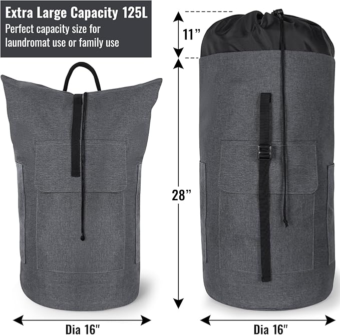 Laundry Bag Backpack, 125L Extra Large Laundry Backpack with Shoulder Straps, Adjustable Extendable Laundry Hamper Bag with 3 Pockets for College, Travel, Camping (Dark Gray)