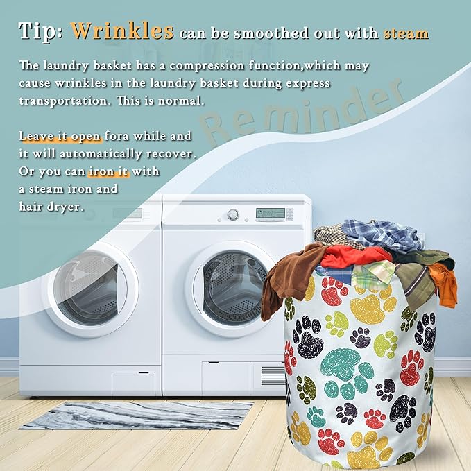 Colorful Dog Paw Laundry Basket With Handles Oxford Cloth Tote Bag Animal Laundry Hamper 18.9" x 16.5" Foldable Clothes Storage Bucket Toy Organizer For Bathroom/Laundry/Bedroom