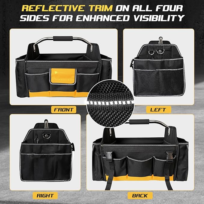 18 Inch Open Top Tool Bag, Tool Bags for Men with 30 Pockets, 1680D Waterproof Fabric, Foldable Electrician Tool Bag with Rotating Handle, Reflective Tool Organizer for Men, Yellow