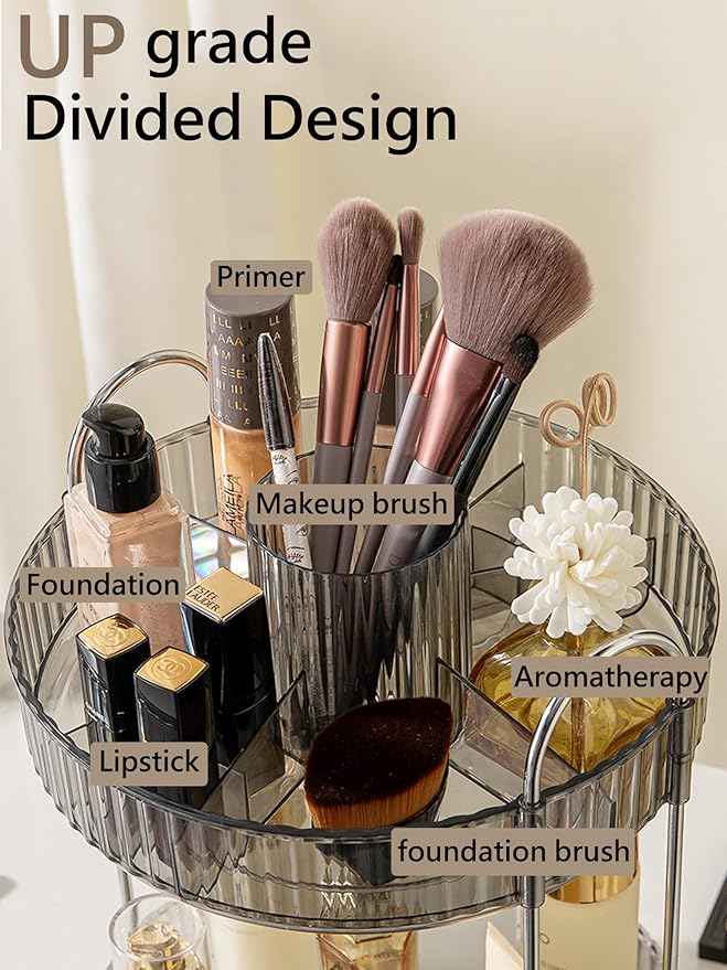 360 Rotating Makeup Organizer,3 Tier Large Capacity Make Up Organizers and Storage,Skincare Perfume Vanity Organizers,Bathroom Cosmetics Storage Organizer Countertop(Grey)