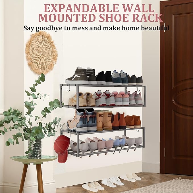 Expandable Wall Mounted Shoe Rack, 17"-31" Adjustable Hanging Shoe Rack Holds 8 Pairs, Heavy Duty Metal Shoe Holder with 2 Storage Hooks, Space Saving for Entryway Closet Doorway（Grey）