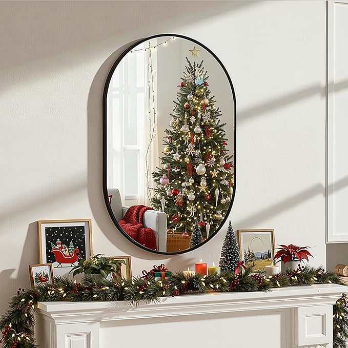 Oval Bathroom Mirror for Wall, 24"x36" Bathroom Vanity Mirror for Over Sink, Bedroom, Living Room, Entryway, Metal Frame & HD Shatterproof Glass, Wall Mounted Horizontally or Vertically(Black)