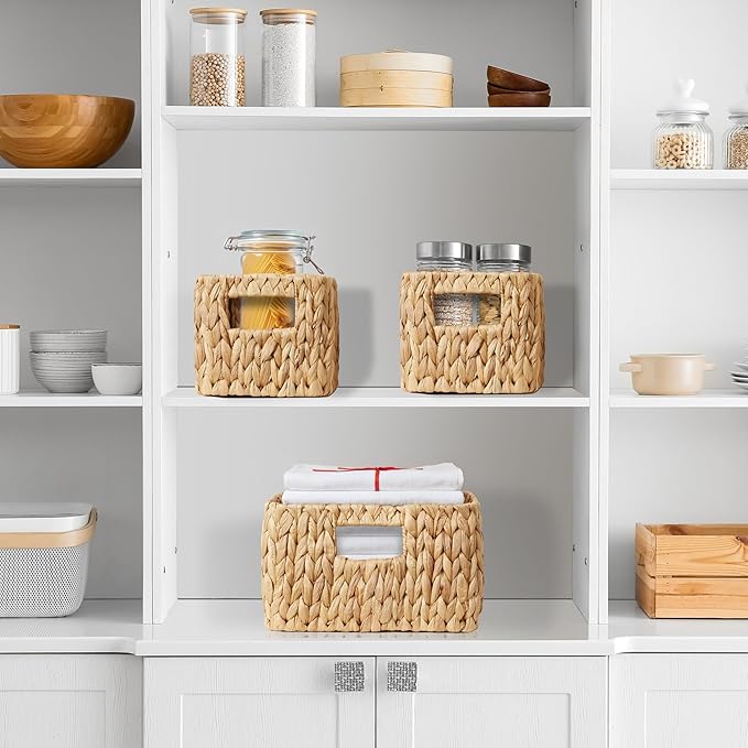 Casafield Set of 3 Water Hyacinth Storage Baskets for Shelves - 1-Large, 2-Small Woven Organizers with Handles for Bathroom, Laundry, Pantry, Office