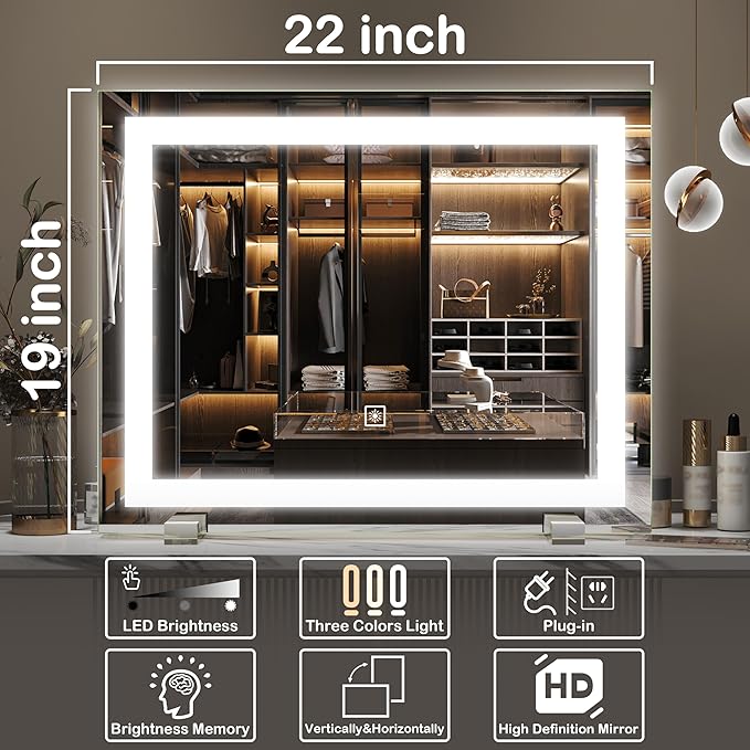 FENNIO Vanity Mirror with Lights，20"x23" Lighted Makeup Mirror, Large Makeup Mirror with Lights, Touch Sensor with Dimmable 3 Modes， Square White