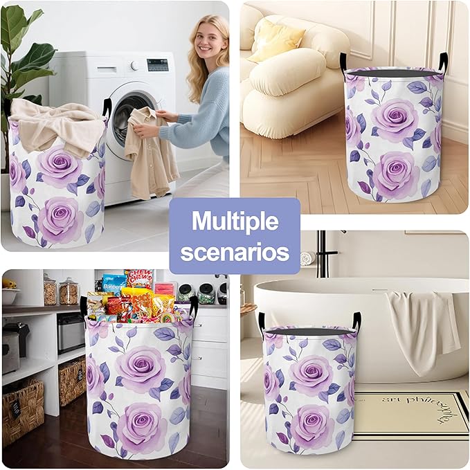Retro Purple Butterfly Laundry Basket-Large Foldable Hamper Holder Portable Tall Collapsible Laundry Hamper Storage Basket Bin with Handles, Canvas & Waterproof lining for Household Items