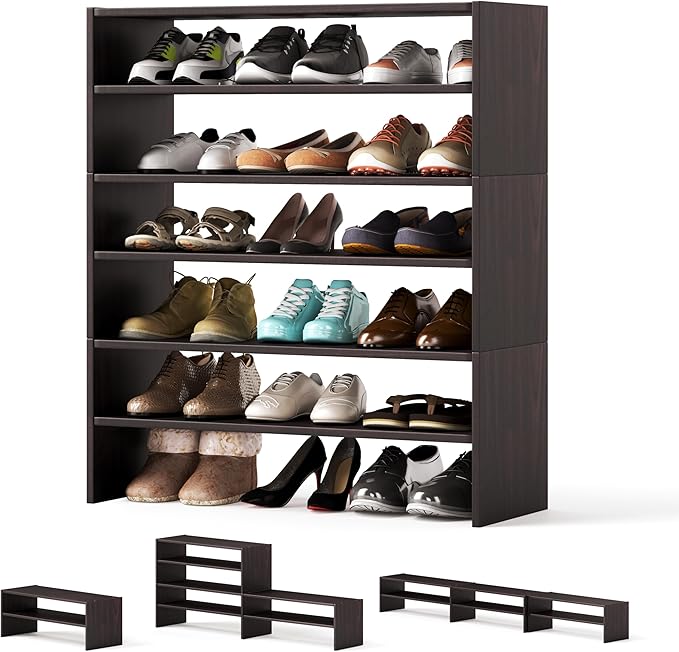 Tangkula Stackble Shoe Rack, Space Saving 6-Tier Corner Shoe Storage Shelf for 18 Pairs, 3-in-1 Adjustable White Shoe Organizer for Front Door Entryway (Coffee)