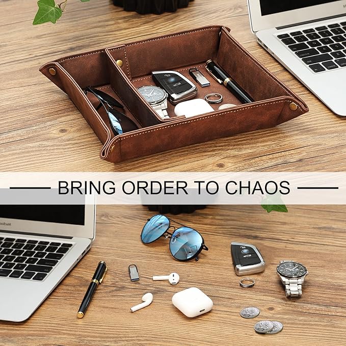 SITHON Valet Tray Desktop Storage Organizer, Removable 2 Compartments Catchall Tray Bedside Vanity Nightstand Caddy Holder Desk Storage Plate, Brown
