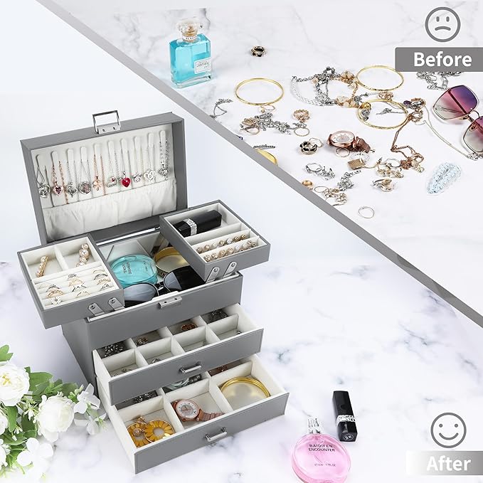 Dajasan Jewelry Holder Organizer Box, Jewelry Boxes for Women Girls, 4 Layers Large Jewelry Storage Box for Earring, Ring, Necklace, Bracelets (Grey)