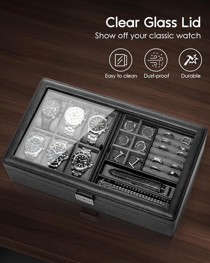 Vlando 6-Slot Watch Box Organize, Lockable Watch Case with Textured Leather, 2 Layer Watch Holder for Rings, Bracelets, Glasses, Glass Lid, Removable Divider, Gift for Fathers, Husband, Friend, Grey