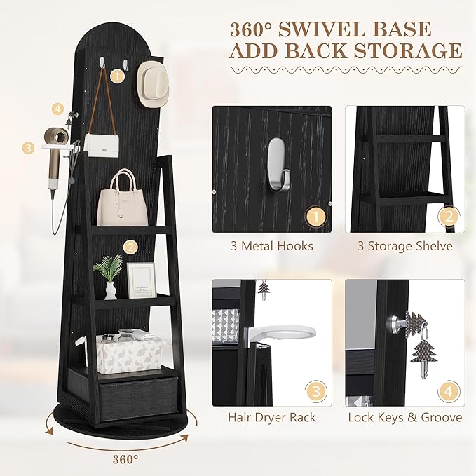 LVSOMT 360° Swivel Arched Jewelry Mirror Cabinet, 64"H Standing Jewelry Armoire with 6 LED Lights, Lockable Jewelry Organizer, Arch Full Length Mirror with Storage, Inner Makeup Shelf, Drawers (Black)