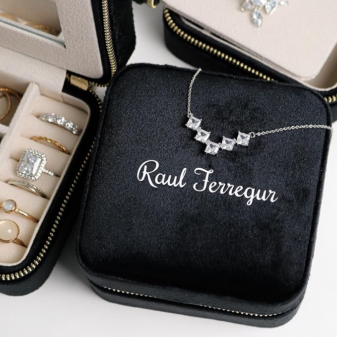 Customizable Compact Velvet Jewelry Box with Mirror, Travel Jewelry Case, Travel Jewelry Organizer, Jewelry Box for Women and Girls, Small Jewelry Organizer (Center Text, Black)