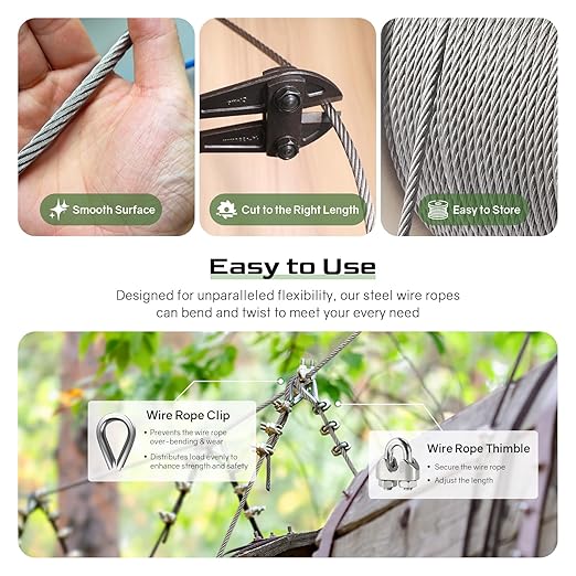 NEREUS 1/4" Stainless Steel Cable 250FT, 7x19 Strand Heavy-Duty Wire Rope with Clamps & Thimbles, 6400 lbs Breaking Strength for Backyard Zipline, Deck Railing, Clothesline and Outdoor Use