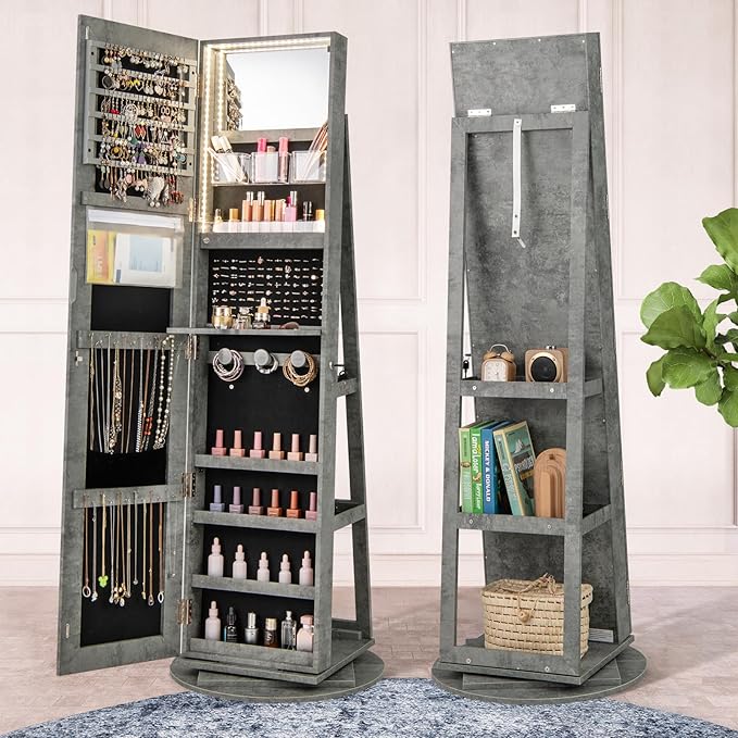 GOFLAME 360° Rotating Jewelry Cabinet with Full-Length Mirror, Freestanding Jewelry Armoire with 3-Color LED Light and Back Storage Shelf, Lockable Jewelry Organizer for Bedroom Cloakroom, Stone Gray