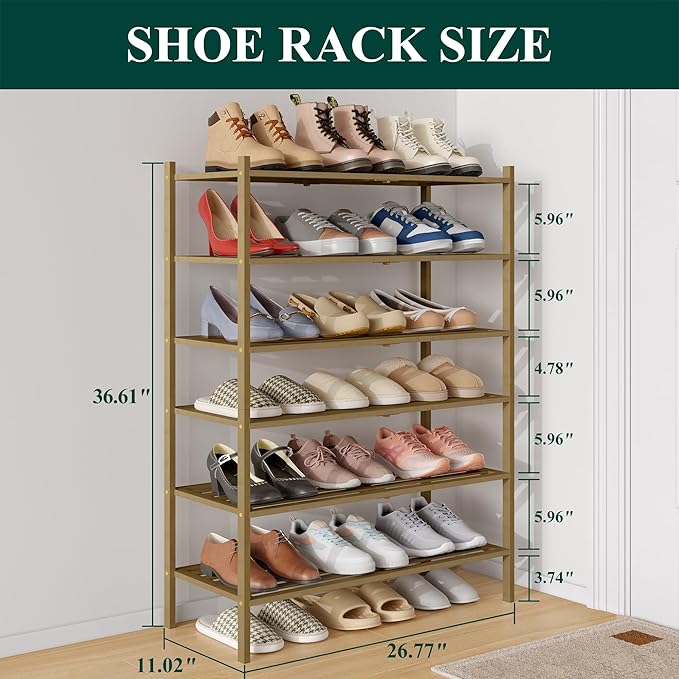 Smiry Bamboo Shoe Rack 6-Tier, Stackable Wooden Shoe Organizer for Entryway & Closet, Free Standing Wood Shoe Storage Shelf for Front Door & Small Spaces, Walnut