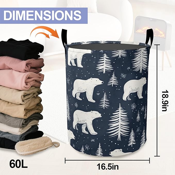 Cartoon White Bear Laundry Basket,Tree Large Canvas Fabric Lightweight Storage Hamper Organizer Dirty Clothes Collapsible Waterproof for College Dorms,Bathroom