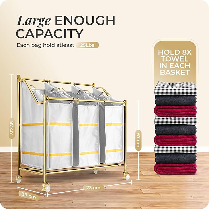 LUXURY STYLE 3- Sections Laundry Sorter, Roling Laundry Cart, Modern Golden Hamper, 3-Bags Organizer with Wheels, Laundry Basket, XL Hamper for Clothes, Toys, and Towels (Classic White)