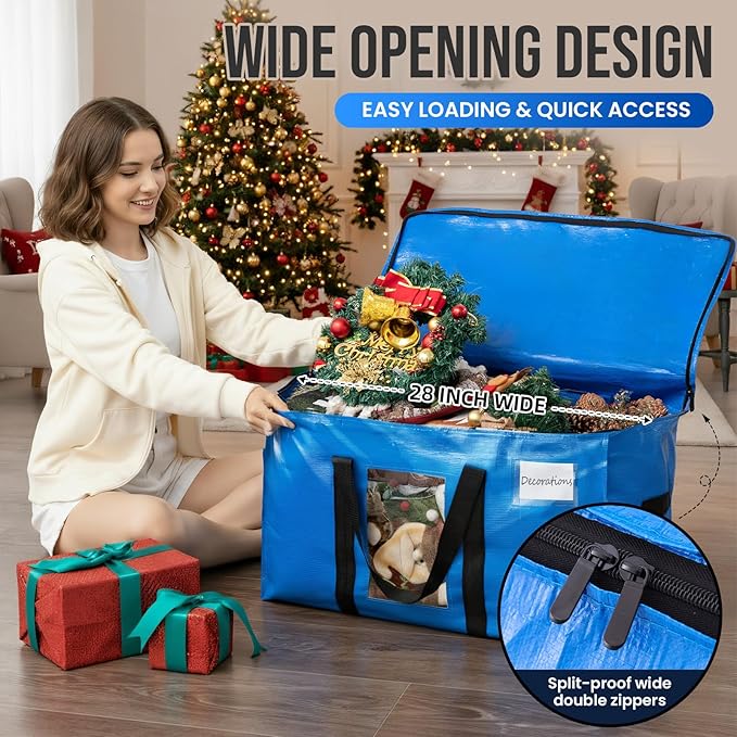 TAILI Extra Large Moving Bags, 4 Pack Blue Heavy Duty Totes For Storage with Visible Window, Wrap Around Handles, Storage Bags for Space Saving, Alternative to Moving Boxes