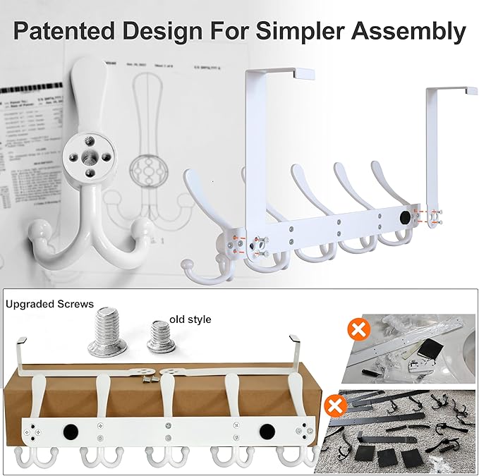Dseap Over Door Hook 2.0 - Upgraded Version - Simple-Assembly, Strong, Heavy-Duty Stainless Steel 5-Tri-Hook Over The Door Hanger Rack, SimpleStrong Series, Silver, Pack of 2