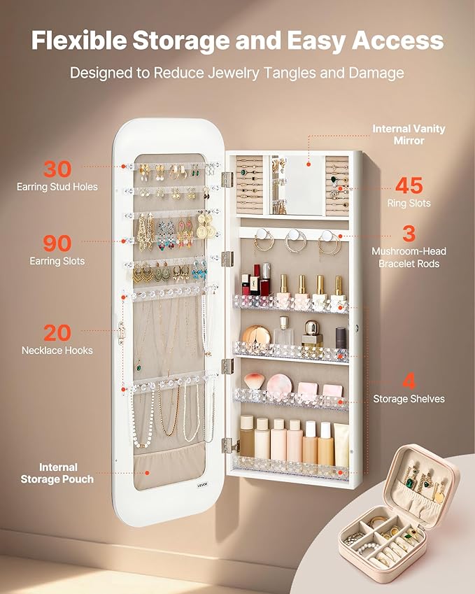 VEVOR Mirror Jewelry Cabinet, 42.5-inch Tall, Full-Length Mirror with Storage, Wall Mount/Over the Door Jewelry Armoire Organizer, Rounded Design, Lockable with 2 Keys and a Travel Organizer, White