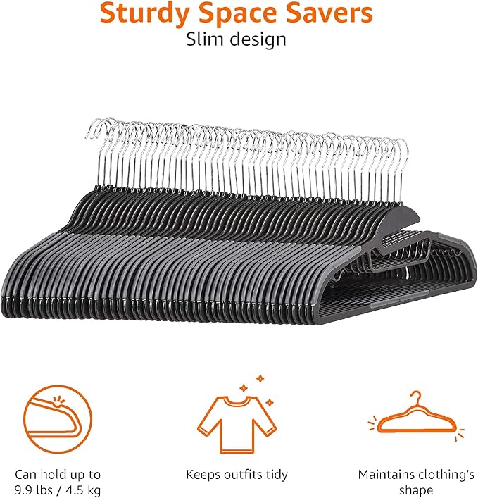 Amazon Basics Non-slip Heavy Duty Plastic Hanger with Rubber and Horizontal Bar, Pack of 50, Gray