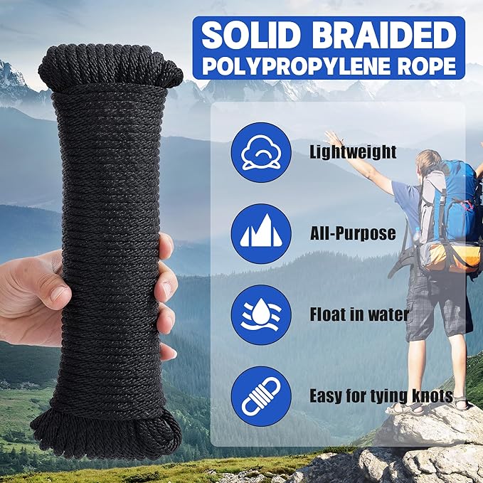 1/4 Inch 100 ft Braided Polypropylene Rope, High Strength Utility Cord for Boat Marine Camping and Flag Pole, Indoor and Outdoor Use, Black