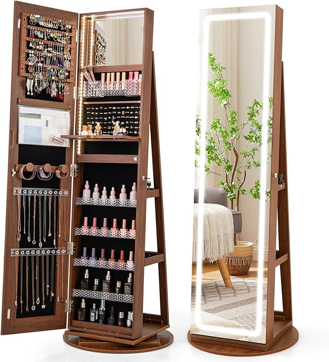 GOFLAME 360° Swivel Jewelry Cabinet Armoire with Full Length Mirror, Standing Jewelry Storage Organizer with Rear Storage Shelves, 3-Color LED Lights, Foldable Shelf, Interior Mirror, Walnut