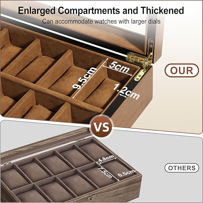 Uten Watch Box with 10 Slots, Watch Case Organizer with Golden Lock and Key, Wooden Watch Display Storage Box with Removable Watch Cushions, Velvet Lining, Metal Clasp, Gift for Men & Women