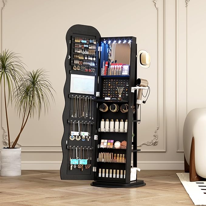 Vlsrka 360° Swivel Jewelry Aromire with Wavy Mirror, Lockable Jewelry Organizer Mirror Full Length, Rotatable Standing Mirror with Storage, Jewelry Cabinet, Interior Mirror, Flodable Shef, Black