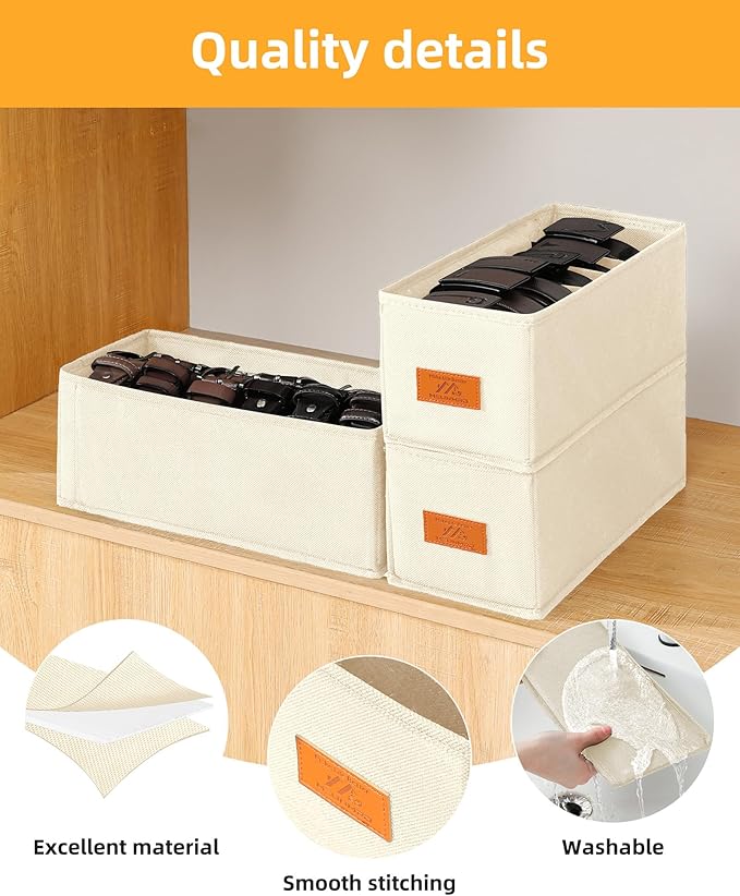 4 PCS Belt Organizer for Closet, 6 Grids Belt Holder, Washable Belt Box, Foldable Tie Organizer for Men, Belt Storage for Drawer (Beige, 13.38inch)