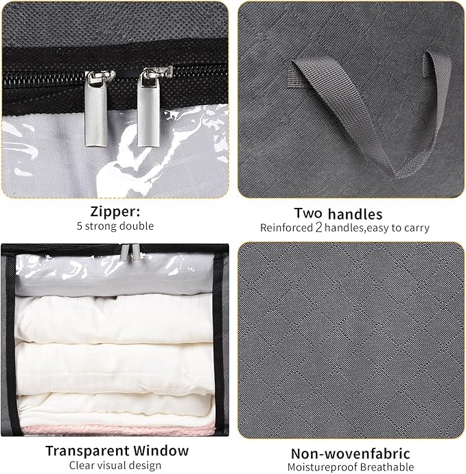 3 Pack Storage Bags, 45L Foldable Clothes Storage Bins with Lids, Closet Organizers Blanket Storage Bags with Zippers Clear Window Sturdy Handles for Clothing Bedding Comforter Sweater Pillows (Gray)