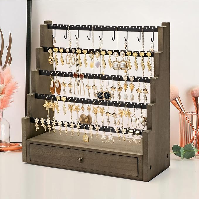 Pinzoveco Earring Organizer, 5 Layer Earring Holder Organizer with Necklace Holder Pole, Rustic Wood Jewelry Organizer Stand Display for Stud Earring Bracelet Necklace Ring, 175 Earring Holes